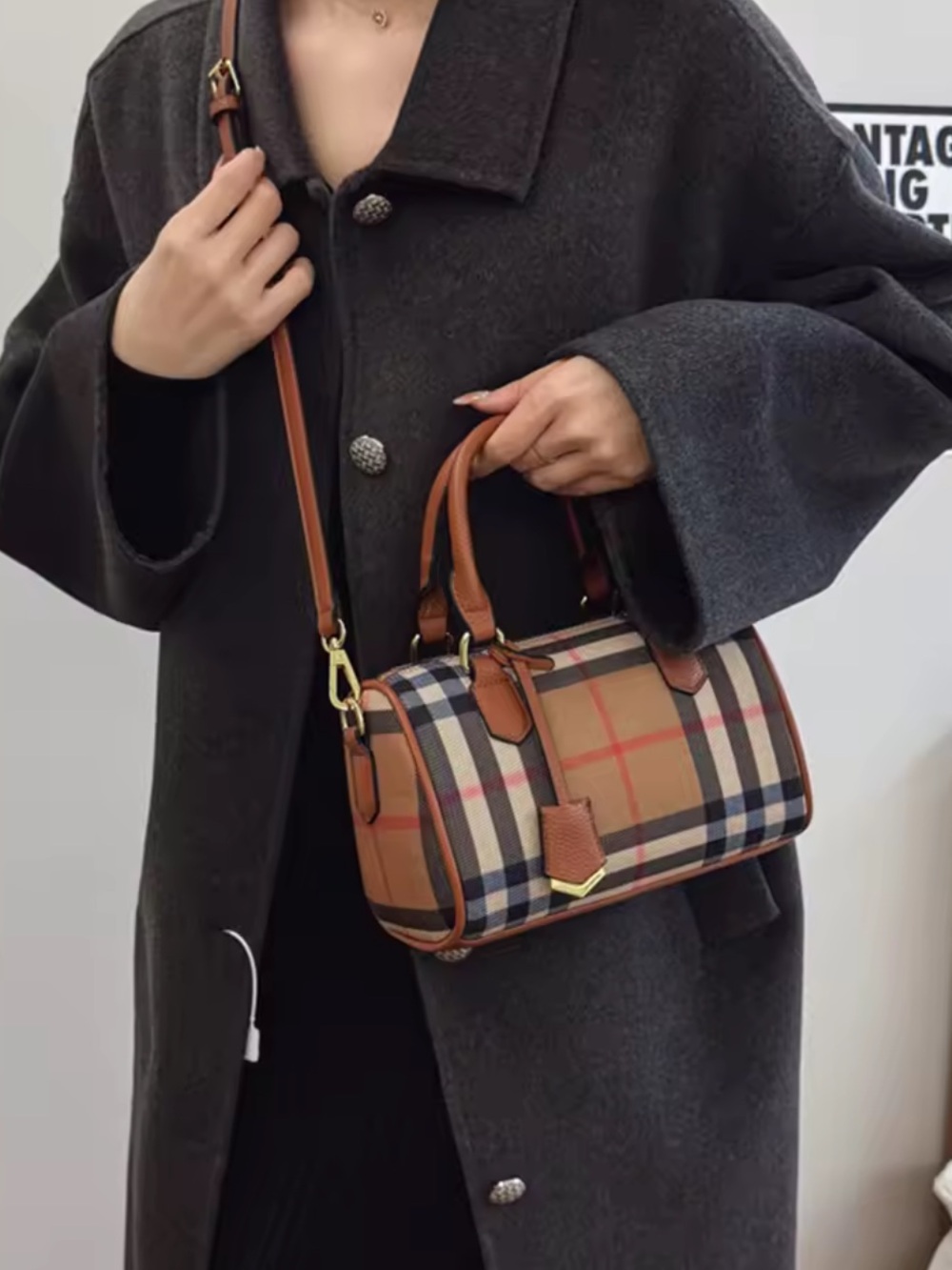 Classic Plaid Barrel Crossbody Bag in Brown with Tan Trim